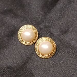 Vintage Signed Marvella Gold Tone Faux Pearl Dome, Rope Edge Post Earrings